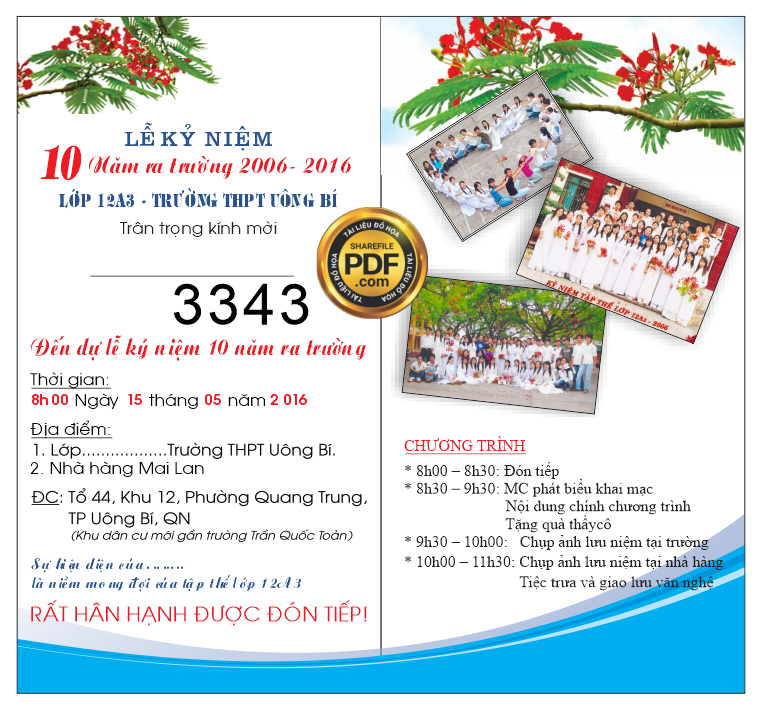 Giấy mời Lễ Kỉ Niệm10 năm ra trường 