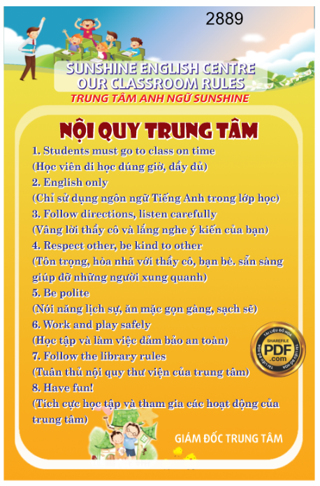 bảng nội quy trung tâm anh ngữ Sunshine