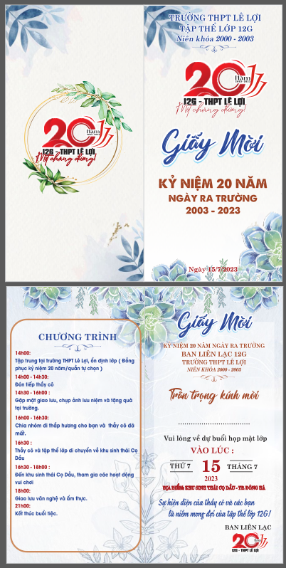 Giấy mời kỷ niệm 20 năm một chặng đường - trường THPT