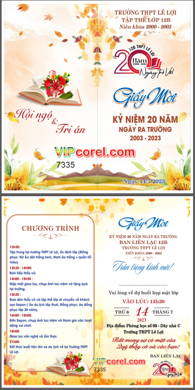 Giấy mời họp lớp kỷ yếu 20 năm ngày ra trường 2023 file corel