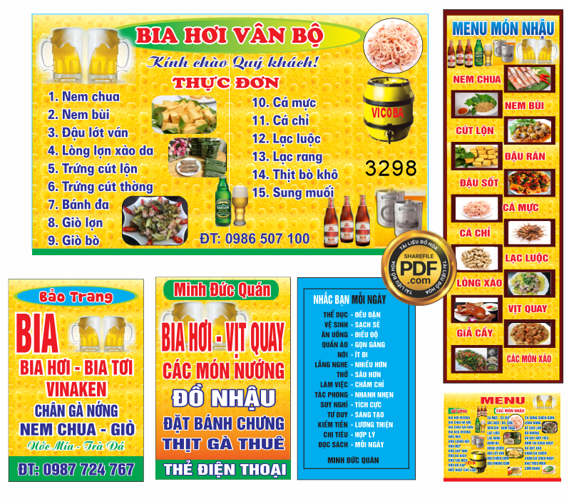 menu thực Bia Hơi Vân Bộ