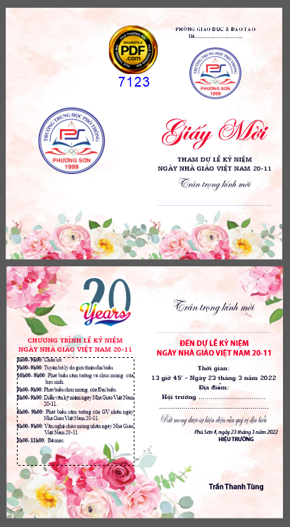 Giấy mời 20-11 trường THPT Phương Sơn