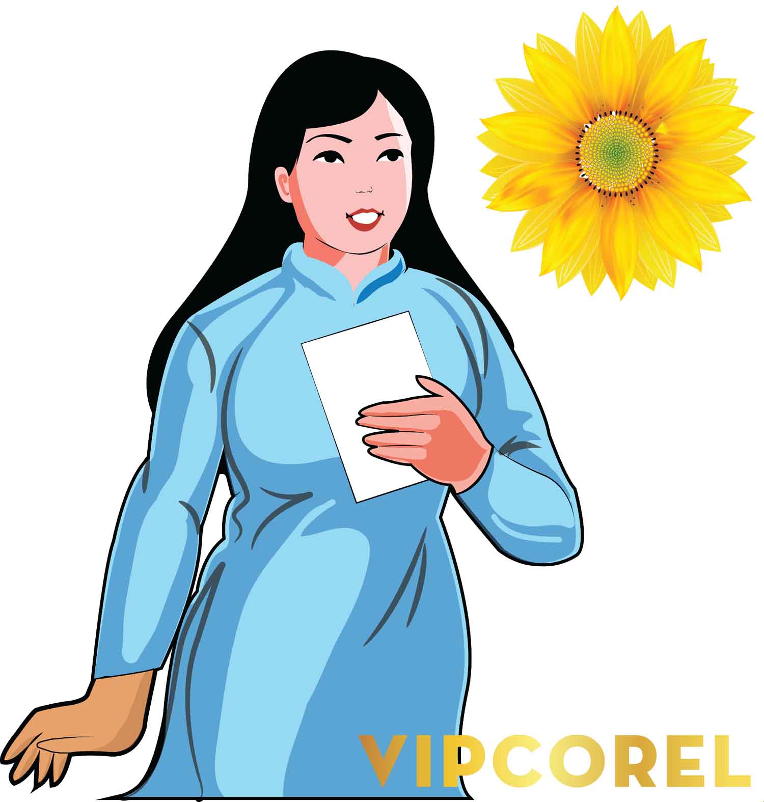 Cô giáo cầm phiếu và hoa hướng dương 