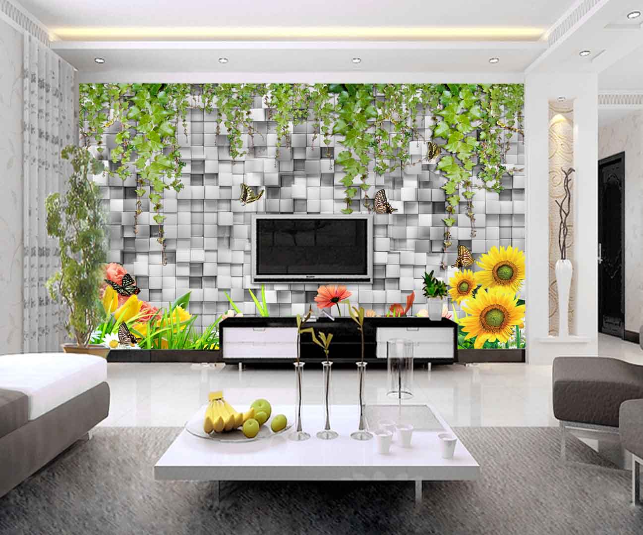 VIPcorel.com_tranh 3d buc tuong hoa va buom va nhung hinh vuong.jpg