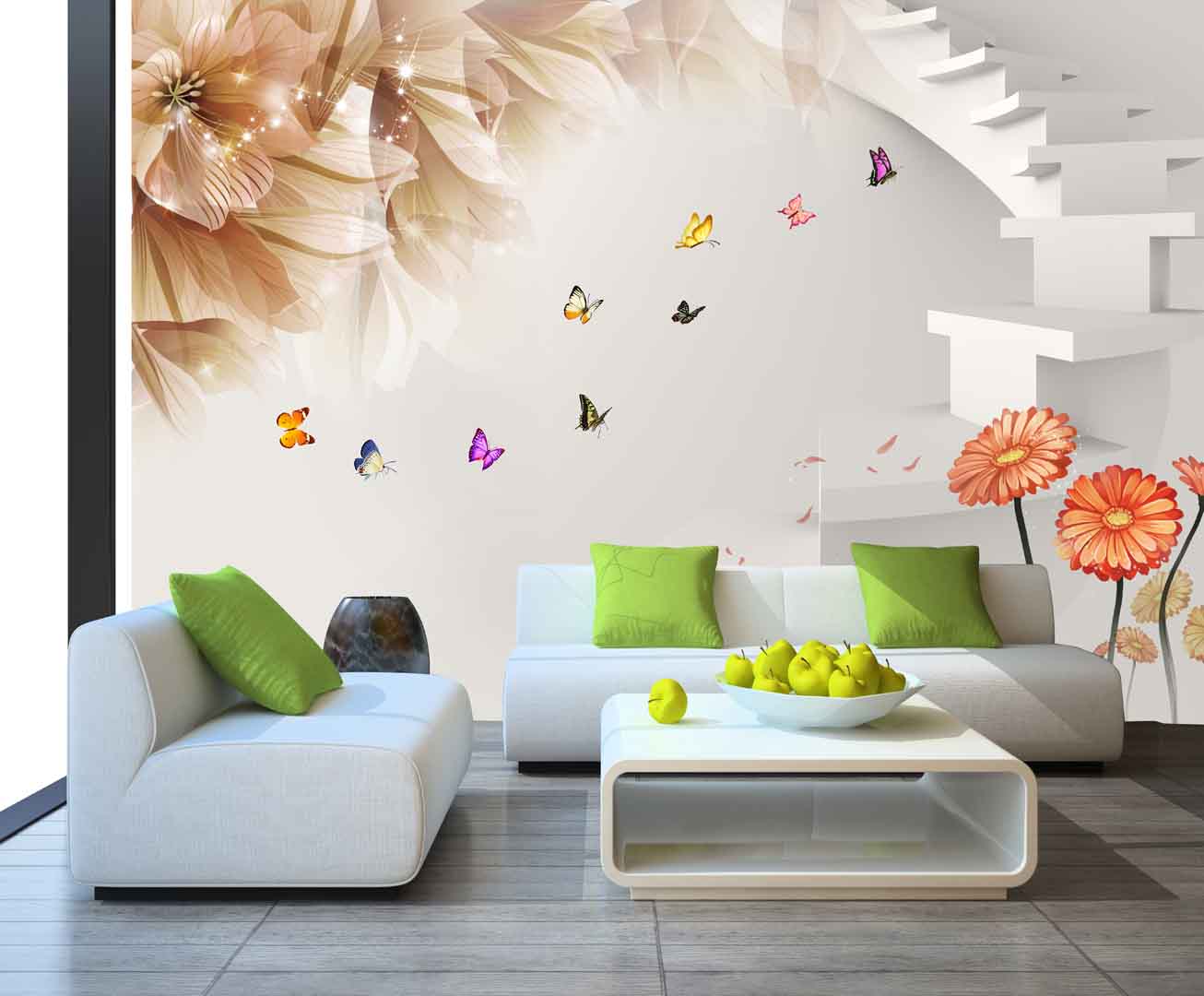 VIPcorel.com_tranh 3d cau thang bac thang mau trang va hoa va nhung chu buom.jpg
