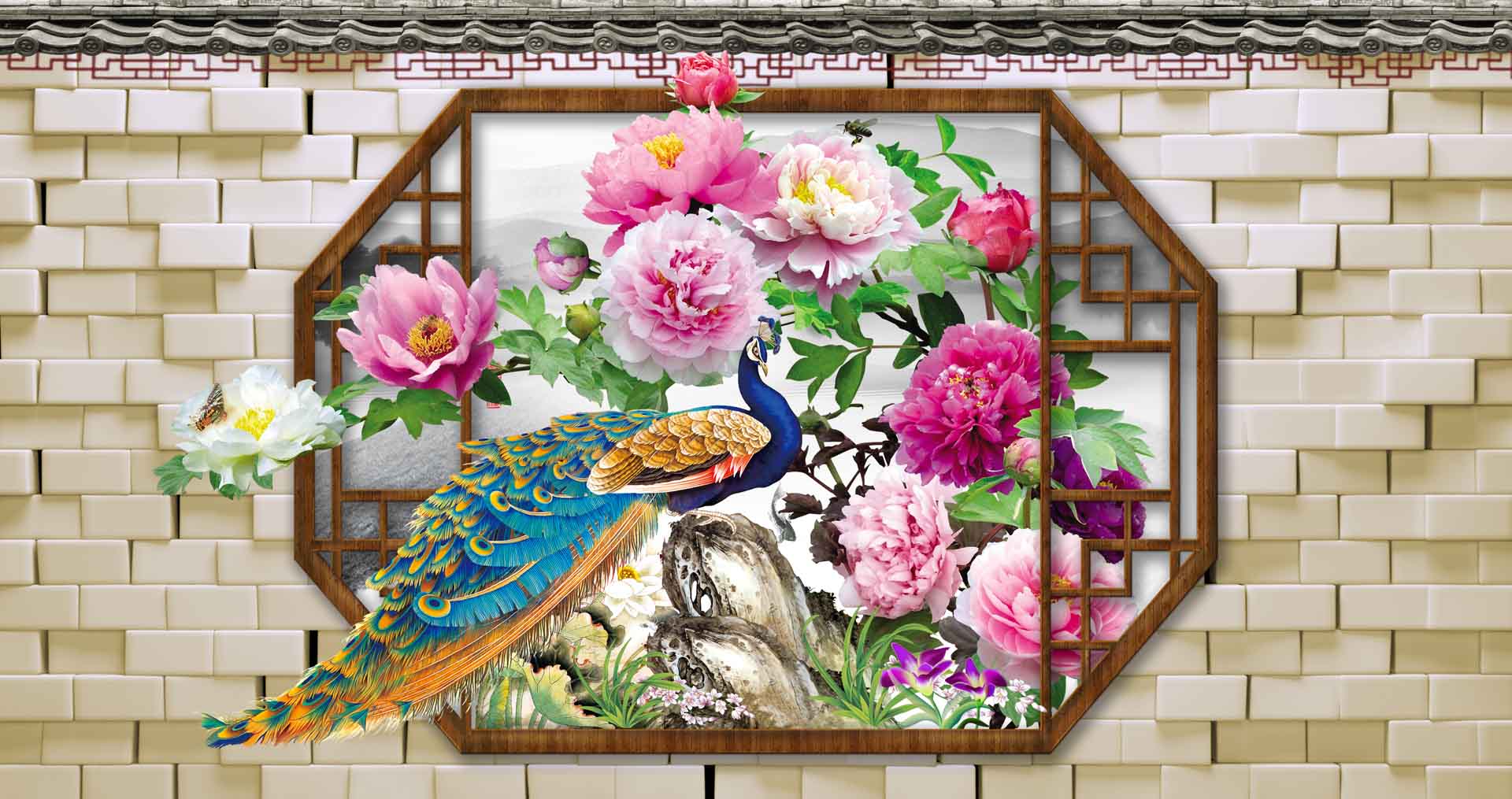 VIPcorel.com_tranh 3d hoa mau don va con cong khung go 2.jpg