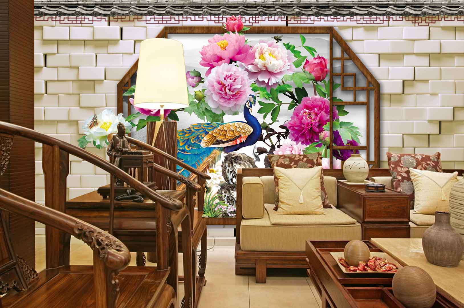 VIPcorel.com_tranh 3d hoa mau don va con cong khung go.jpg