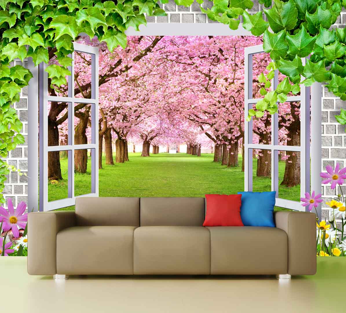 VIPcorel.com_tranh 3d tuong gach co khung cua so hang cay hoa anh dao.jpg