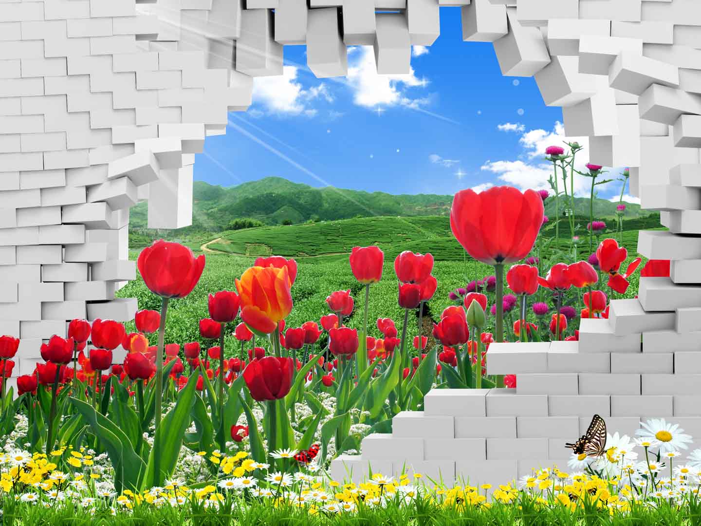 VIPcorel.com_tranh tuong gach 3d va vuon hoa tulip 2.jpg