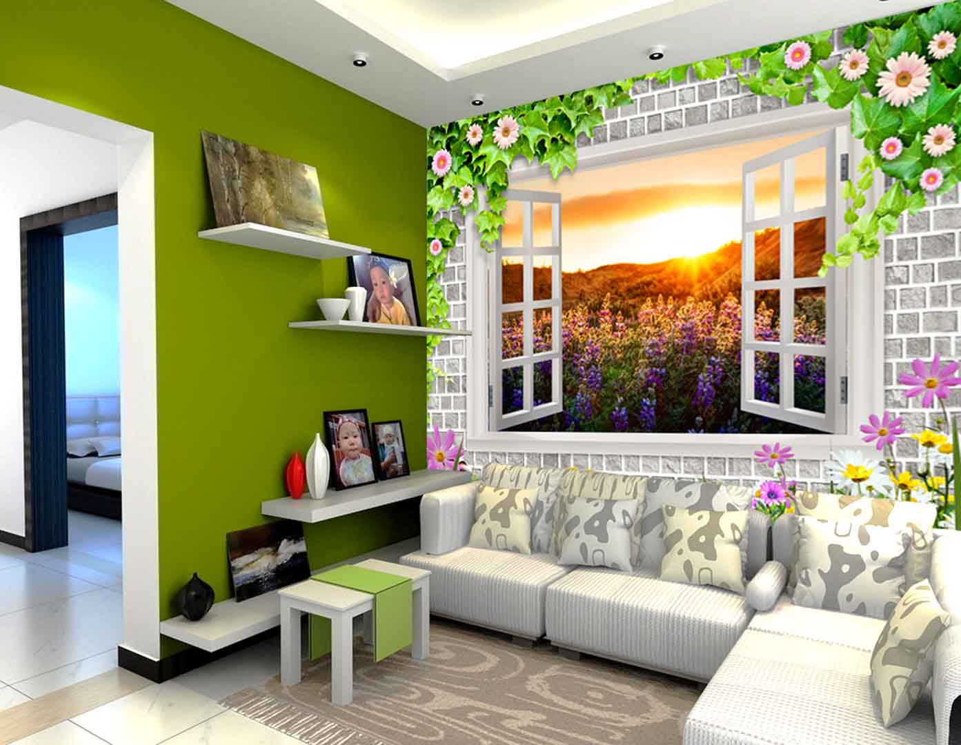 VIPcorel.com_tranh vach tuong gach co khung cua so nhin ra mat troi vuon hoa violet.jpg