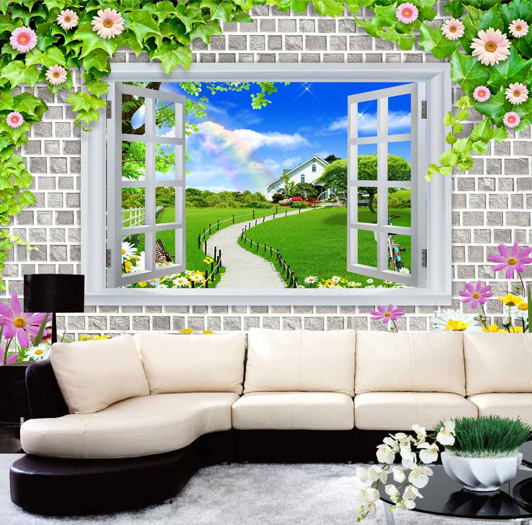 VIPcorel.com_tranh vach tuong gach khung cua so nhin ra san vuon hoa.jpg